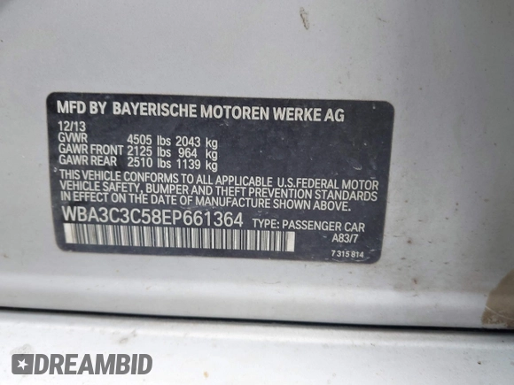 2014 BMW 3 Series 320i xDrive with VIN WBA3C3C58EP661364, listed as a IAAI auction lot 41947049 with 211,982 mi miles and . Bid and sale history available at DreamBid. Image 9.