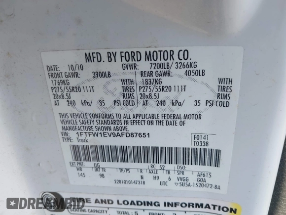 2010 Ford F-150 XL with VIN 1FTFW1EV9AFD87651, listed as a IAAI auction lot 41904402 with 174,333 mi miles. Bid and sale history available at carsss.com. Image 9.