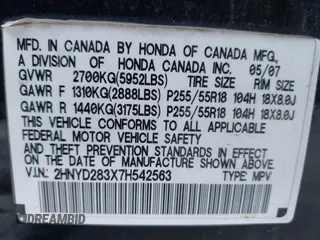 2007 Acura MDX Tech Pkg with VIN 2HNYD283X7H542563, listed as a IAAI auction lot 42122053 with 162,933 mi miles. Bid and sale history available at carsss.com. Image 9.