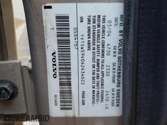 2004 Volvo V70 with VIN YV1SW59V042434622, listed as a Copart auction lot 81445624 with Not provided miles and Clean title. Bid and sale history available at DreamBid. Image 13.