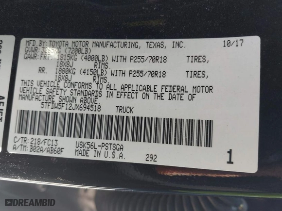 2018 Toyota Tundra 4WD SR5 with VIN 5TFDW5F12JX694518, listed as a IAAI auction lot 41663831 with 183,220 mi miles. Bid and sale history available at carsss.com. Image 9.