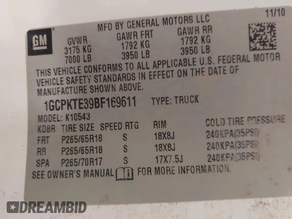 2011 Chevrolet Silverado 1500 with VIN 1GCPKTE39BF169611, listed as a IAAI auction lot 41270847 with 184,975 mi miles and . Bid and sale history available at DreamBid. Image 9.