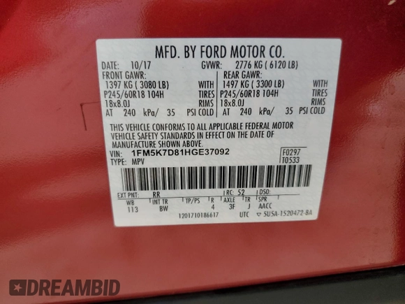 2017 Ford Explorer XLT с VIN 1FM5K7D81HGE37092, выставлен на аукционе Copart как лот 55135615 с пробегом 63 124 миль миль и Чистый • Clean title. История ставок и продаж доступна на DreamBid. Изображение 13.