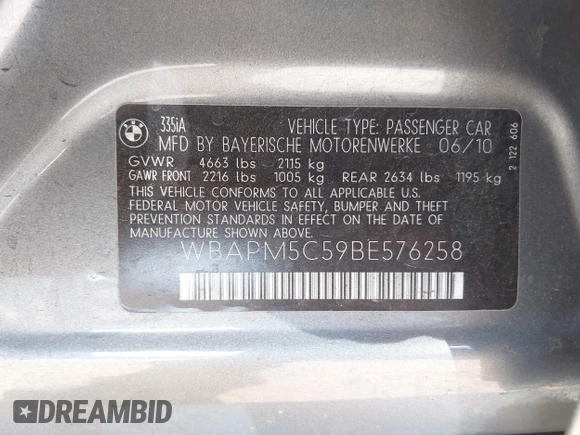 2011 BMW 3 Series 335i with VIN WBAPM5C59BE576258, listed as a IAAI auction lot 37578623 with 140,040 mi miles. Bid and sale history available at carsss.com. Image 9.