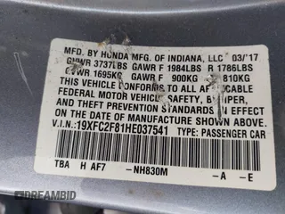 2017 Honda Civic Sedan EX with VIN 19XFC2F81HE037541, listed as a IAAI auction lot 41804761 with 119,550 mi miles. Bid and sale history available at carsss.com. Image 9.