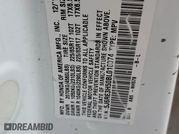 2011 Honda CR-V EX with VIN 5J6RE3H50BL016074, listed as a Copart auction lot 43277095 with 94,549 mi miles and Salvage Title. Bid and sale history available at DreamBid. Image 14.