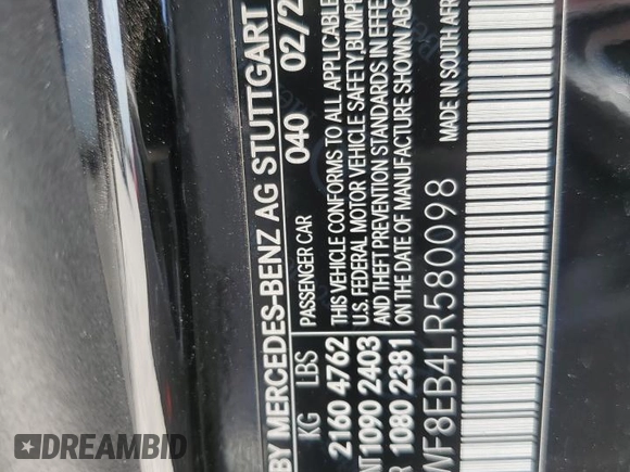 2020 Mercedes-Benz C 300 with VIN W1KWF8EB4LR580098, listed as a Copart auction lot 49272095 with Not Provided miles and Clean Title. Bid and sale history available at DreamBid. Image 12.