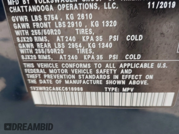 2019 Volkswagen Atlas SE with VIN 1V2WR2CA8KC618988, listed as a IAAI auction lot 42212845 with 60,481 mi miles and . Bid and sale history available at DreamBid. Image 9.