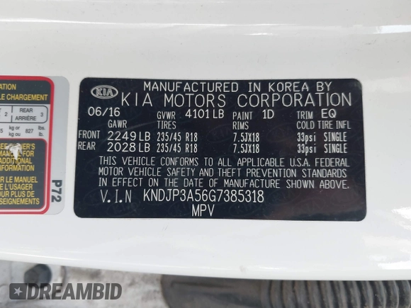 2016 Kia Soul + with VIN KNDJP3A56G7385318, listed as a IAAI auction lot 41067795 with 44,515 mi miles and . Bid and sale history available at DreamBid. Image 9.