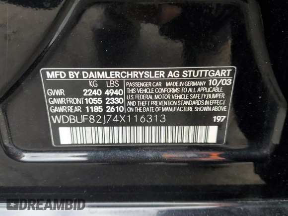 2004 Mercedes-Benz E-Class 3.2L with VIN WDBUF82J74X116313, listed as a Copart auction lot 43455195 with 0 mi miles and Salvage Title. Bid and sale history available at carsss.com. Image 13.