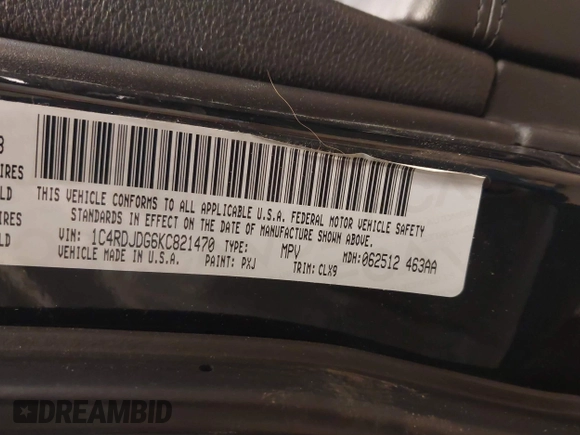 2019 Dodge Durango GT Plus with VIN 1C4RDJDG6KC821470, listed as a IAAI auction lot 41513421 with Not Provided miles and . Bid and sale history available at DreamBid. Image 9.