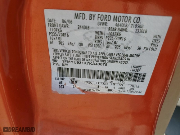 2007 Ford Escape XLT with VIN 1FMYU931X7KA43075, listed as a Copart auction lot 47360055 with 192,968 mi miles and Salvage Title. Bid and sale history available at carsss.com. Image 15.
