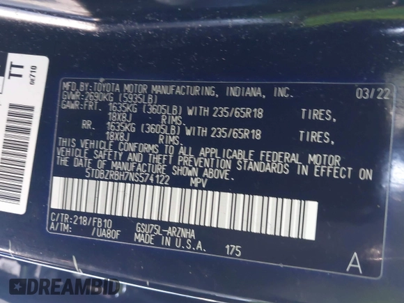 2022 Toyota Highlander LE with VIN 5TDBZRBH7NS574122, listed as a IAAI auction lot 41273197 with 28,195 mi miles and . Bid and sale history available at DreamBid. Image 9.
