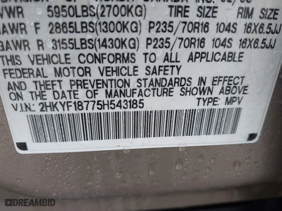 2005 Honda Pilot EX-L with NAVI with VIN 2HKYF18775H543185, listed as a IAAI auction lot 41597576 with 163,377 mi miles. Bid and sale history available at carsss.com. Image 9.
