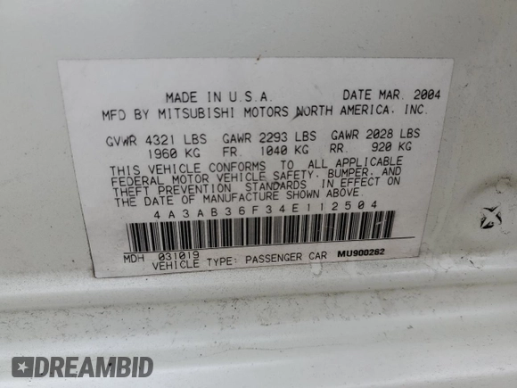 2004 Mitsubishi Galant ES z VIN 4A3AB36F34E112504, wystawiony jako Copart lot #44243125 z przebiegiem Nie podano mil oraz Szkoda całkowita • Salvage title. Historia ofert i sprzedaży dostępna na DreamBid. Obrazek 13.