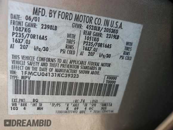 2001 Ford Escape XLT с VIN 1FMCU04131KC39323, выставлен на аукционе Copart как лот 57726825 с пробегом 170 104 миль миль и Списание • Salvage title. История ставок и продаж доступна на DreamBid. Изображение 12.