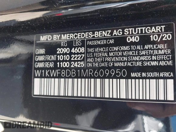 2021 Mercedes-Benz C 300 with VIN W1KWF8DB1MR609950, listed as a IAAI auction lot 41119142 with 41,842 mi miles and . Bid and sale history available at carsss.com. Image 9.