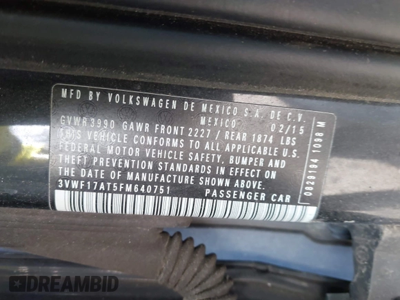 2015 Volkswagen Beetle Fleet Edition с VIN 3VWF17AT5FM640751, выставлен на аукционе IAAI как лот 41952659 с пробегом 172 089 миль миль и . История ставок и продаж доступна на DreamBid. Изображение 9.