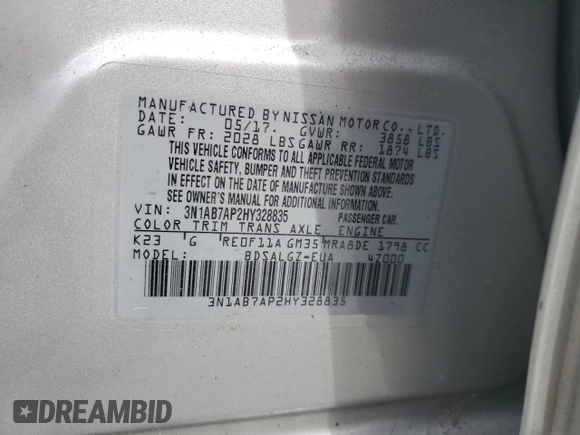 2017 Nissan Sentra S with VIN 3N1AB7AP2HY328835, listed as a Copart auction lot 61846215 with 133,457 mi miles and Salvage title. Bid and sale history available at DreamBid. Image 13.