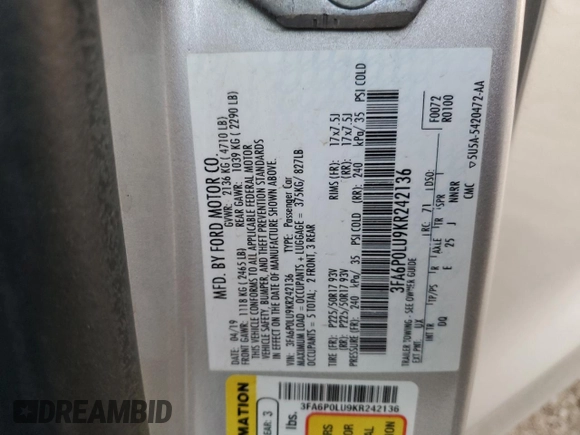 2019 Ford Fusion SE with VIN 3FA6P0LU9KR242136, listed as a Copart auction lot 85002604 with 108,653 mi miles and Salvage Title. Bid and sale history available at DreamBid. Image 12.