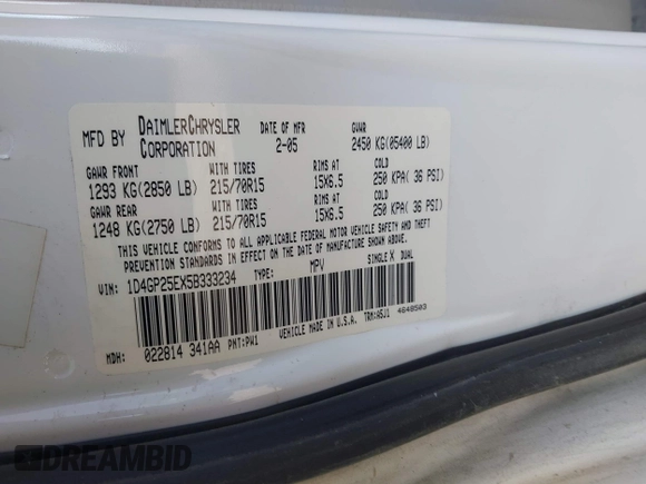 2005 Dodge Caravan SE with VIN 1D4GP25EX5B333234, listed as a IAAI auction lot 41389490 with 161,447 mi miles and . Bid and sale history available at DreamBid. Image 9.