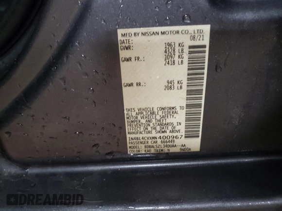 2021 Nissan Altima 2.5 SR with VIN 1N4BL4CVXMN400967, listed as a Copart auction lot 85254834 with 50,787 mi miles and Salvage Title. Bid and sale history available at carsss.com. Image 12.