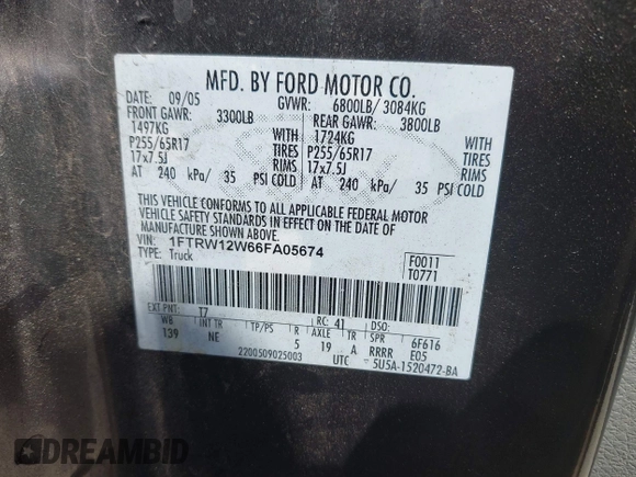 2006 Ford F-150 XLT with VIN 1FTRW12W66FA05674, listed as a IAAI auction lot 42333870 with 234,788 mi miles and . Bid and sale history available at DreamBid. Image 9.