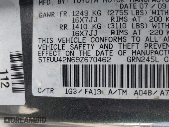 2009 Toyota Tacoma with VIN 5TEUU42N69Z670462, listed as a IAAI auction lot 41908357 with 208,430 mi miles. Bid and sale history available at carsss.com. Image 9.