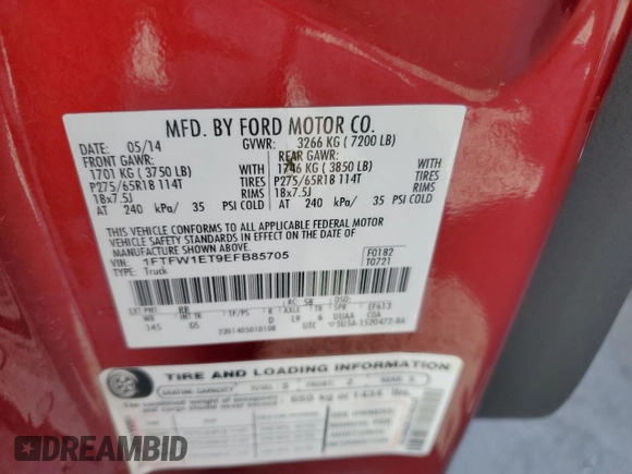 2014 Ford F-150 XL with VIN 1FTFW1ET9EFB85705, listed as a Copart auction lot 46814355 with 159,984 mi miles and Salvage Title. Bid and sale history available at carsss.com. Image 14.