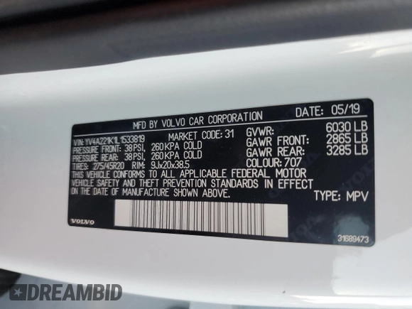 2020 Volvo XC90 Momentum with VIN YV4A221K1L1533819, listed as a Copart auction lot 84431514 with 81,666 mi miles and Salvage Title. Bid and sale history available at DreamBid. Image 13.