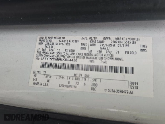 2019 Ford Transit with VIN 1FTYR2CM9KKB04450, listed as a IAAI auction lot 42849742 with 222,192 mi miles and . Bid and sale history available at DreamBid. Image 25.