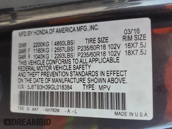 2016 Acura RDX с VIN 5J8TB3H39GL018384, выставлен на аукционе Copart как лот 53689025 с пробегом 75 339 миль миль и Списание • Salvage title. История ставок и продаж доступна на DreamBid. Изображение 14.