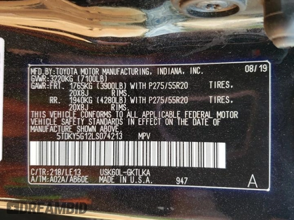 2020 Toyota Sequoia Limited with VIN 5TDKY5G12LS074213, listed as a Copart auction lot 71847614 with 92,113 mi miles and Salvage Title. Bid and sale history available at carsss.com. Image 16.