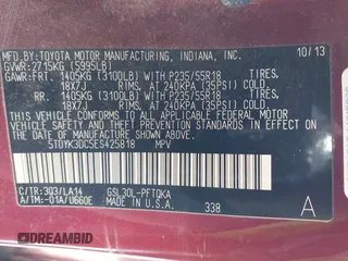 2014 Toyota Sienna XLE with VIN 5TDYK3DC5ES425818, listed as a IAAI auction lot 41421282 with 105,586 mi miles and . Bid and sale history available at DreamBid. Image 9.