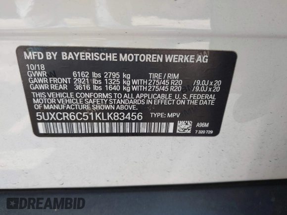 2019 BMW X5 xDrive40i with VIN 5UXCR6C51KLK83456, listed as a IAAI auction lot 42027389 with 94,332 mi miles and . Bid and sale history available at DreamBid. Image 9.