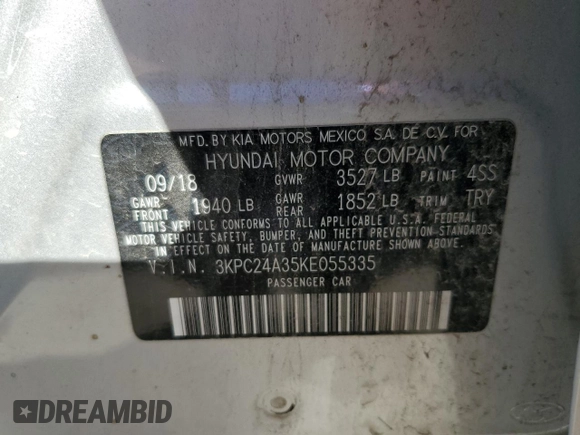 2019 Hyundai Accent SE with VIN 3KPC24A35KE055335, listed as a Copart auction lot 40166514 with 104,083 mi miles. Bid and sale history available at carsss.com. Image 12.