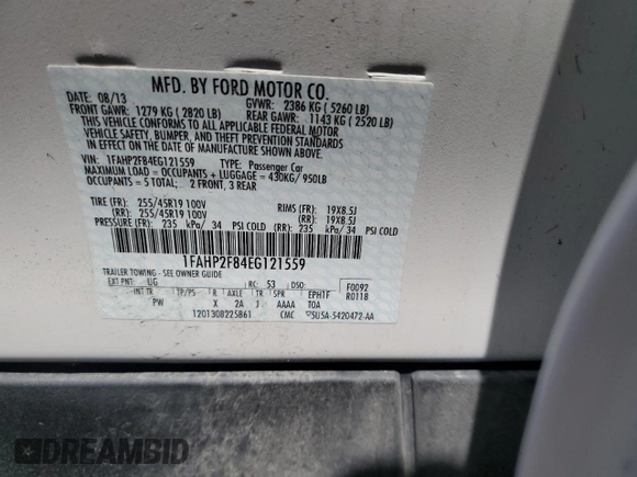 2014 Ford Taurus Limited with VIN 1FAHP2F84EG121559, listed as a Copart auction lot 61764825 with 82,548 mi miles and Salvage title. Bid and sale history available at DreamBid. Image 12.