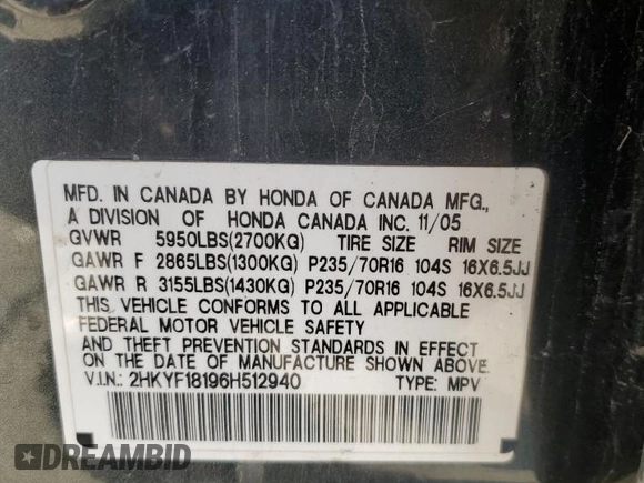 2006 Honda Pilot LX with VIN 2HKYF18196H512940, listed as a Copart auction lot 50449065 with 0 mi miles and Salvage Title. Bid and sale history available at carsss.com. Image 14.