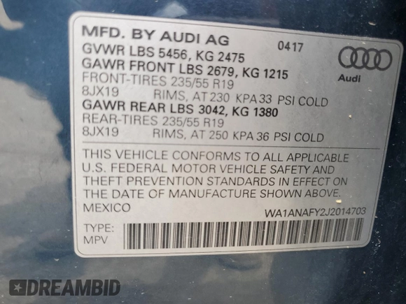 2018 Audi Q5 Premium with VIN WA1ANAFY2J2014703, listed as a Copart auction lot 54537065 with 119,549 mi miles and Clean Title. Bid and sale history available at carsss.com. Image 13.