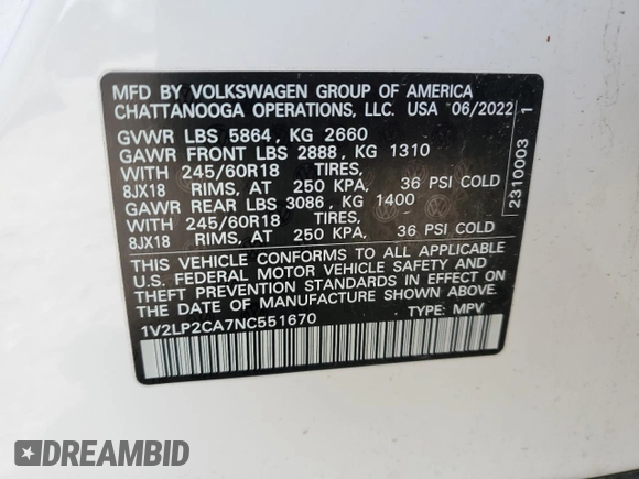 2022 Volkswagen Atlas SE z VIN 1V2LP2CA7NC551670, wystawiony jako Copart lot #58137295 z przebiegiem 32 775 mil mil oraz Nie do naprawy • Non repairable. Historia ofert i sprzedaży dostępna na DreamBid. Obrazek 12.