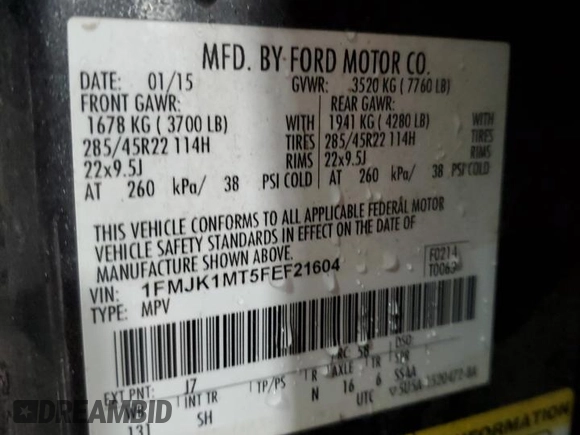 2015 Ford Expedition Max Platinum with VIN 1FMJK1MT5FEF21604, listed as a Copart auction lot 79306064 with 206,641 mi miles and Salvage title. Bid and sale history available at DreamBid. Image 14.