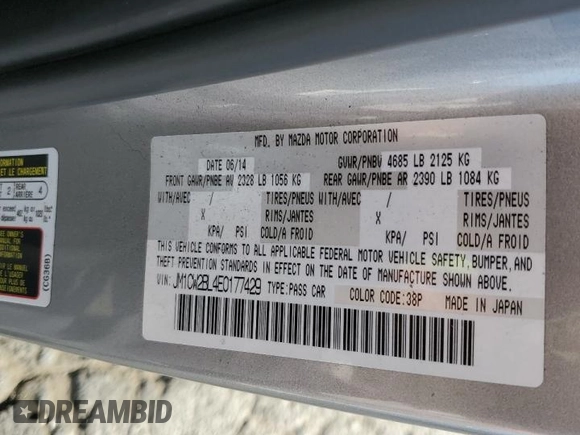 2014 Mazda 5 Sport with VIN JM1CW2BL4E0177429, listed as a Copart auction lot 69532404 with 36,505 mi miles and Salvage Title. Bid and sale history available at DreamBid. Image 15.