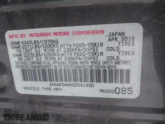2016 Mitsubishi Outlander Sport 2.4 ES with VIN JA4AR3AWXGZ041850, listed as a IAAI auction lot 41629967 with 90,652 mi miles. Bid and sale history available at carsss.com. Image 9.