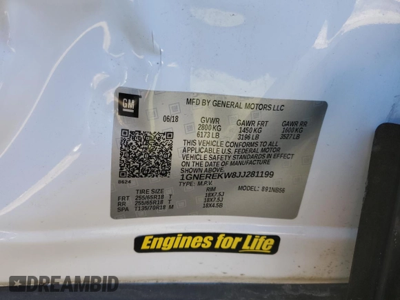 2018 Chevrolet Traverse with VIN 1GNEREKW8JJ281199, listed as a Copart auction lot 42822565 with 122,435 mi miles and Salvage title. Bid and sale history available at DreamBid. Image 13.