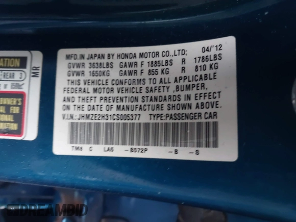 2012 Honda Insight with VIN JHMZE2H31CS005377, listed as a IAAI auction lot 41879122 with 136,646 mi miles and . Bid and sale history available at DreamBid. Image 9.