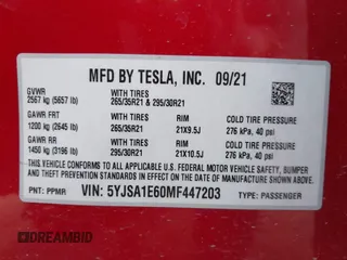 2021 Tesla Model S Plaid with VIN 5YJSA1E60MF447203, listed as a IAAI auction lot 42025120 with 58,190 mi miles. Bid and sale history available at carsss.com. Image 9.