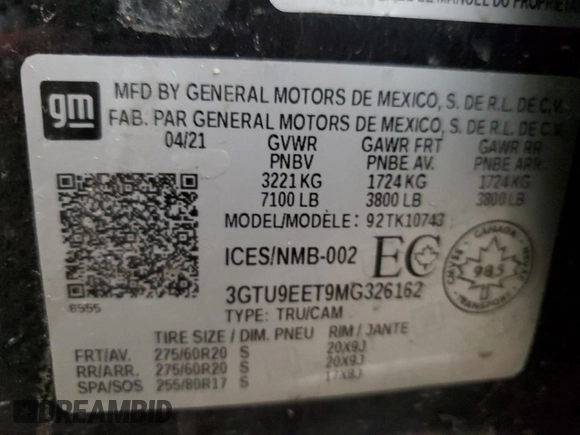 2021 GMC Sierra 1500 AT4 with VIN 3GTU9EET9MG326162, listed as a Copart auction lot 79265244 with 0 mi miles and Salvage Title. Bid and sale history available at carsss.com. Image 13.