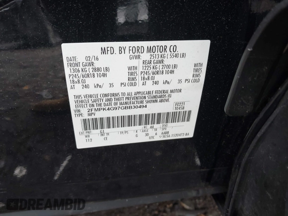 2016 Ford Edge SE with VIN 2FMPK4G97GBB30494, listed as a IAAI auction lot 42333389 with 69,361 mi miles and . Bid and sale history available at DreamBid. Image 9.