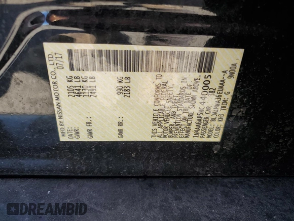 2017 Nissan Maxima SL with VIN 1N4AA6AP5HC440005, listed as a Copart auction lot 56185765 with 62,223 mi miles and Salvage title. Bid and sale history available at DreamBid. Image 13.