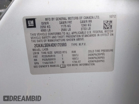 2013 GMC Terrain SLE with VIN 2GKALSEK4D6170980, listed as a IAAI auction lot 42001093 with 168,237 mi miles and . Bid and sale history available at DreamBid. Image 9.
